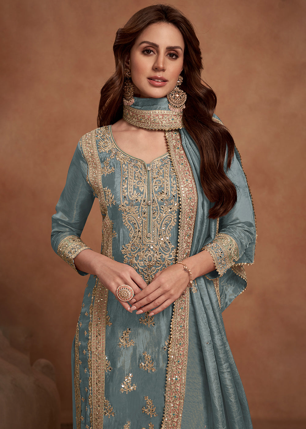 Stone Blue Simar Silk Palazzo Suit Adorned with Floral Embroidery