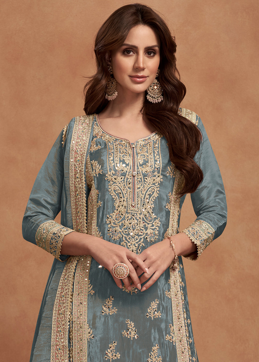 Stone Blue Simar Silk Palazzo Suit Adorned with Floral Embroidery