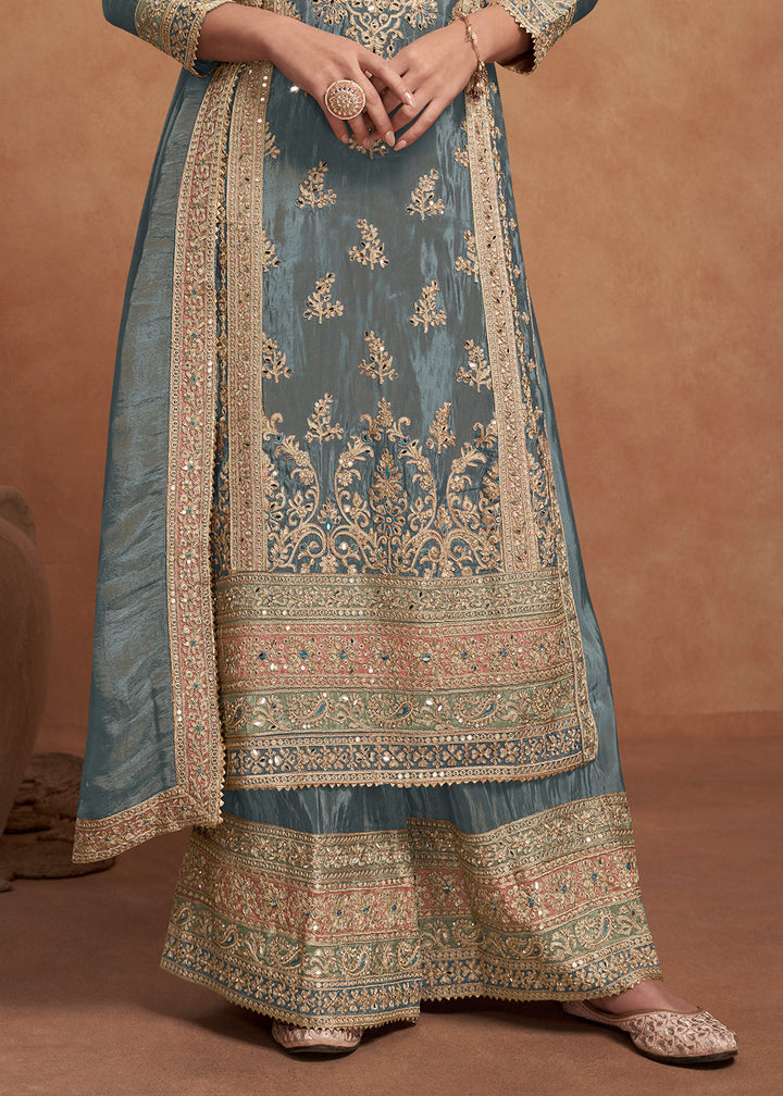 Stone Blue Simar Silk Palazzo Suit Adorned with Floral Embroidery