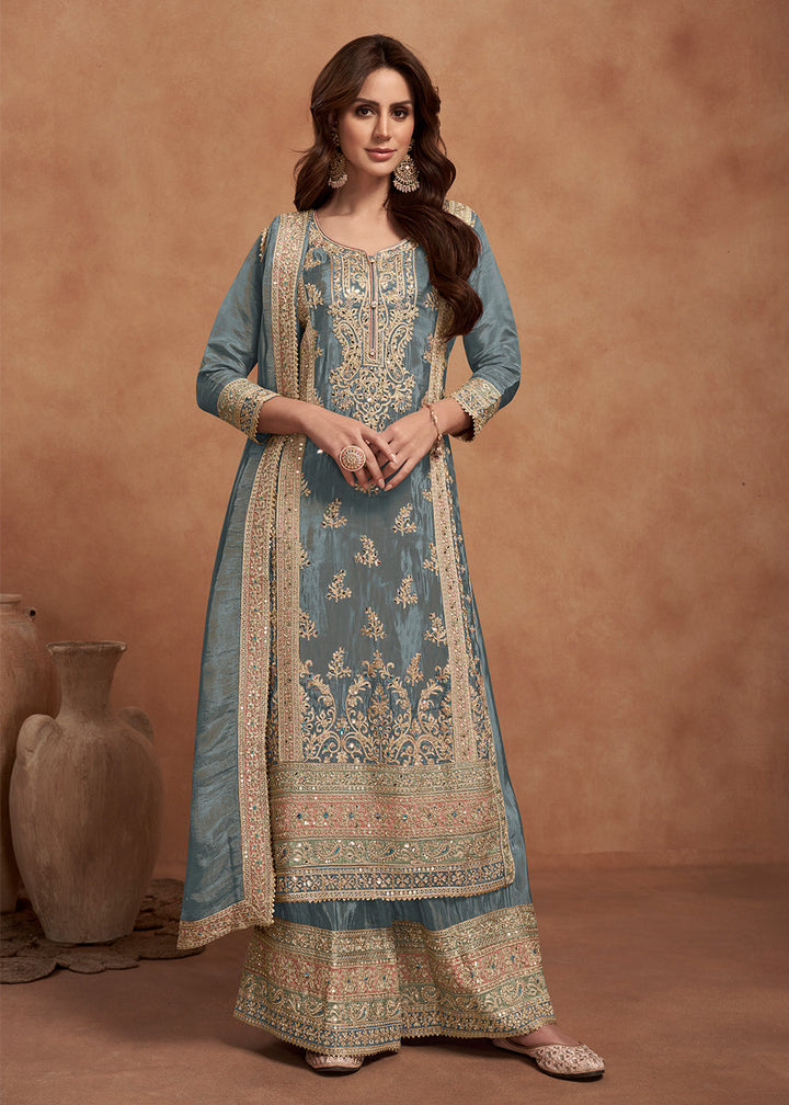 Stone Blue Simar Silk Palazzo Suit Adorned with Floral Embroidery