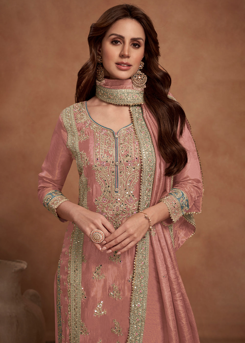 Peach Pink Simar Silk Palazzo Suit Adorned with Floral Embroidery