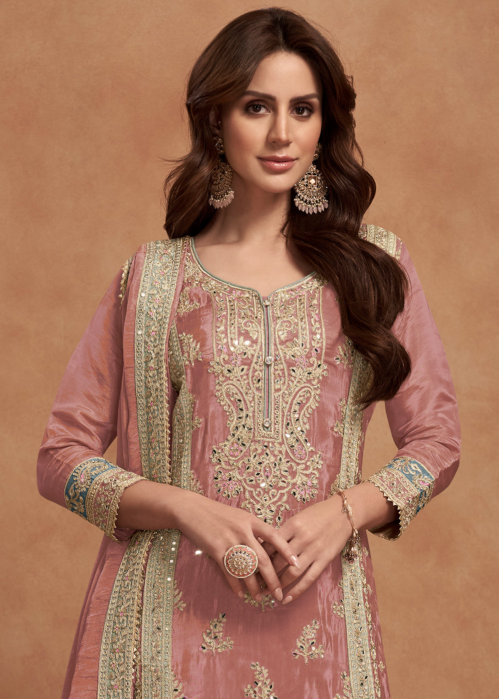 Peach Pink Simar Silk Palazzo Suit Adorned with Floral Embroidery