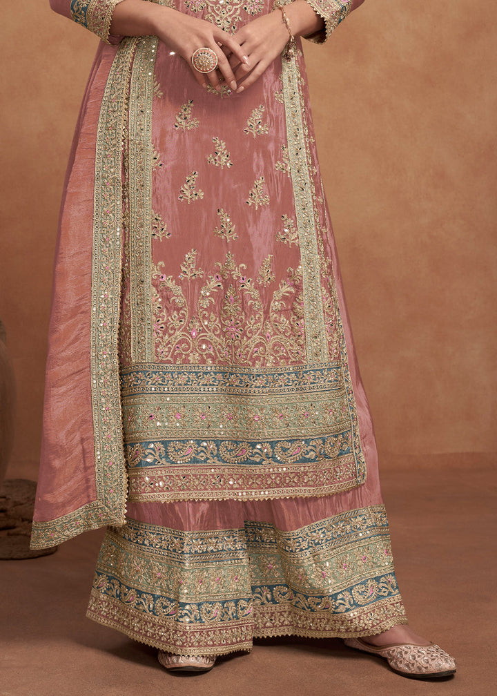 Peach Pink Simar Silk Palazzo Suit Adorned with Floral Embroidery