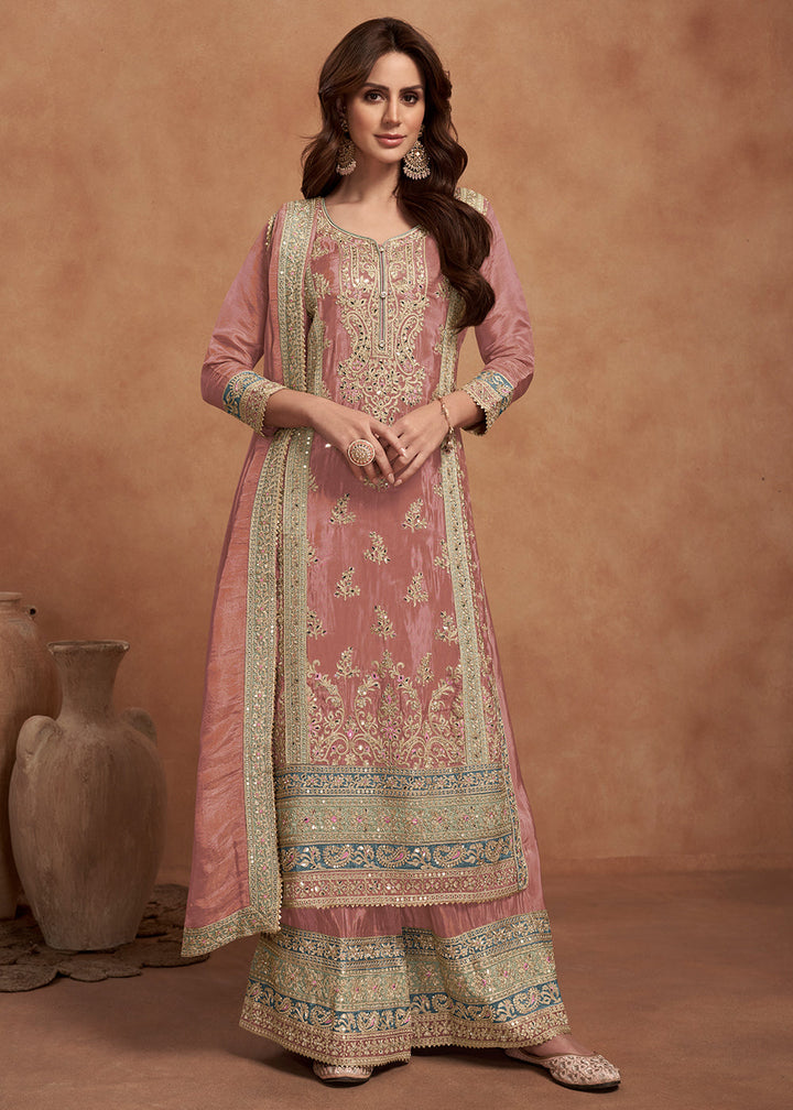 Peach Pink Simar Silk Palazzo Suit Adorned with Floral Embroidery