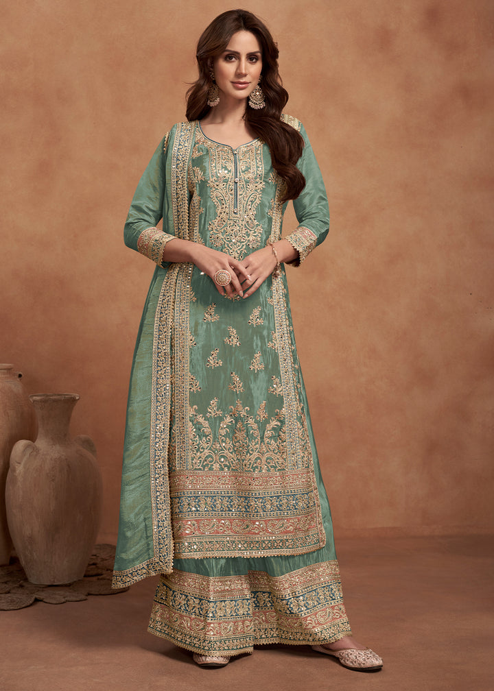 Pastel Green Simar Silk Palazzo Suit Adorned with Floral Embroidery