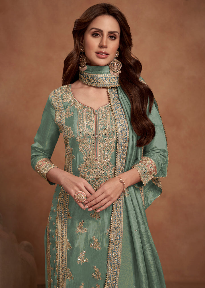 Pastel Green Simar Silk Palazzo Suit Adorned with Floral Embroidery