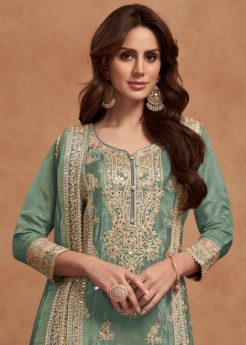 Pastel Green Simar Silk Palazzo Suit Adorned with Floral Embroidery