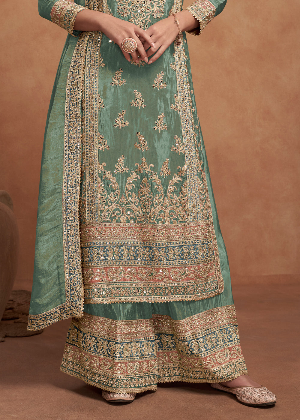 Pastel Green Simar Silk Palazzo Suit Adorned with Floral Embroidery