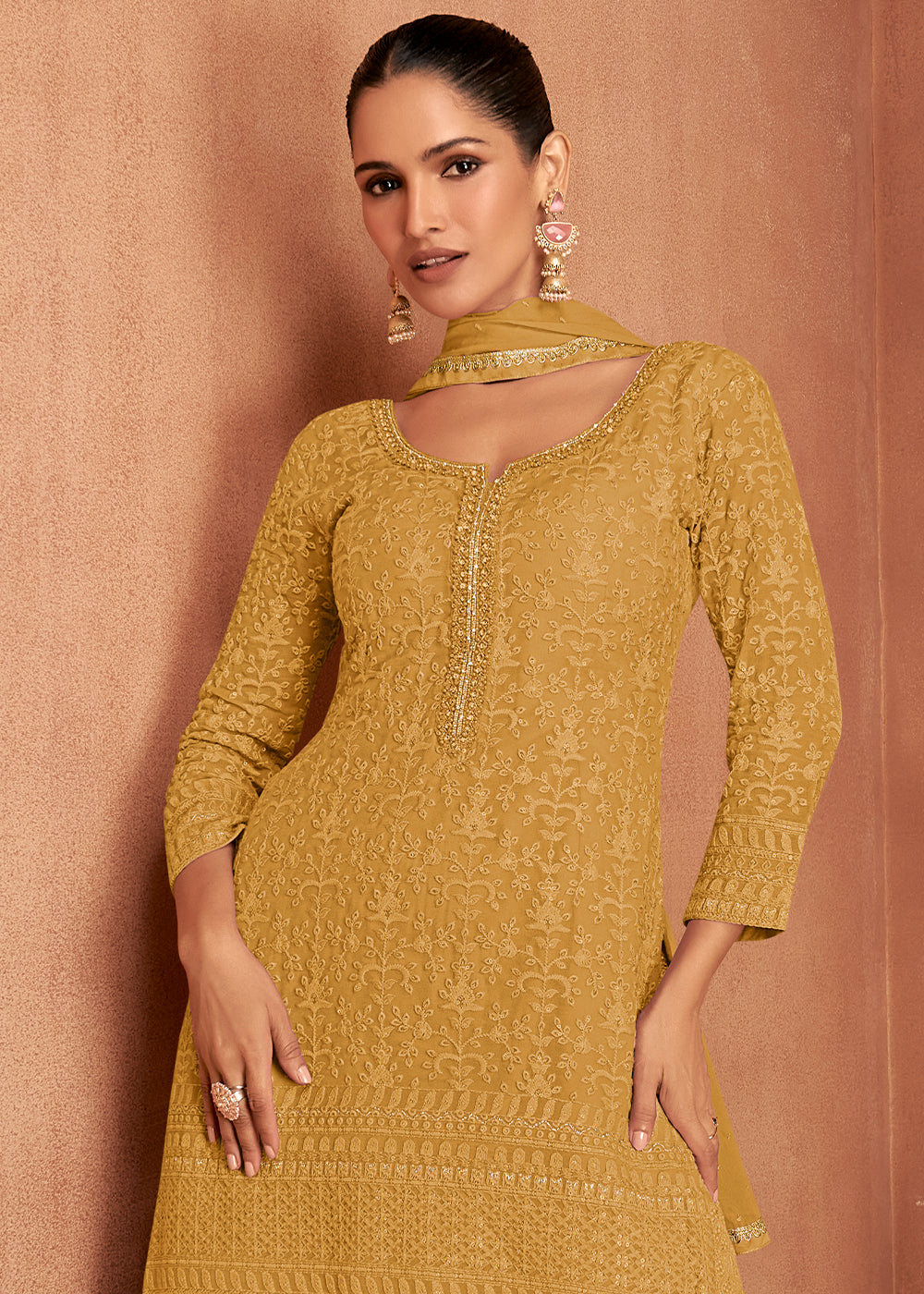 Mustard Yellow Thread Embroidery Georgette Plazzo Suit