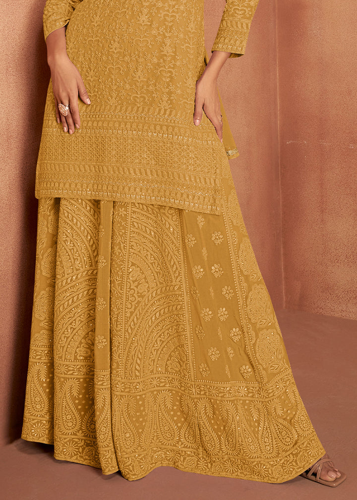 Mustard Yellow Thread Embroidery Georgette Plazzo Suit