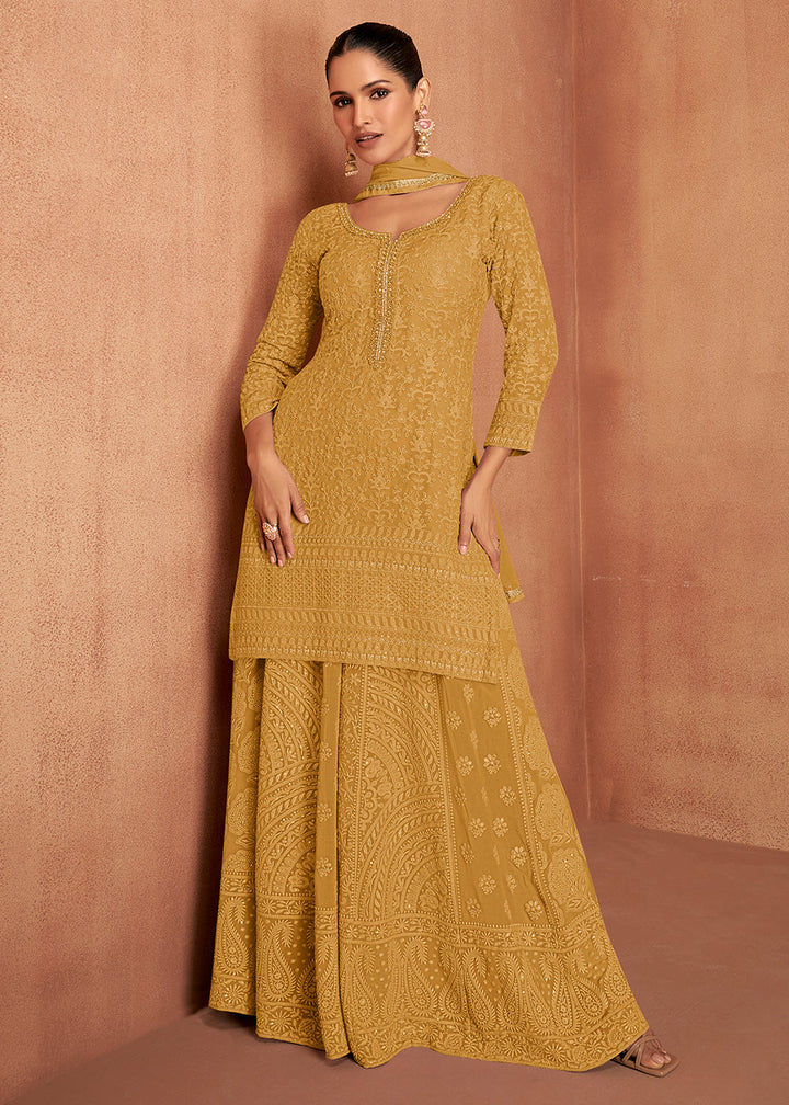 Mustard Yellow Thread Embroidery Georgette Plazzo Suit