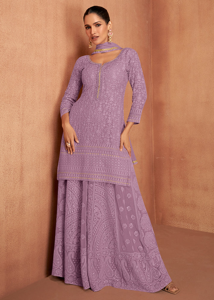 Amethyst Purple Thread Embroidery Georgette Plazzo Suit