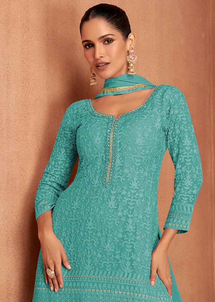 Bondi Blue Thread Embroidery Georgette Plazzo Suit