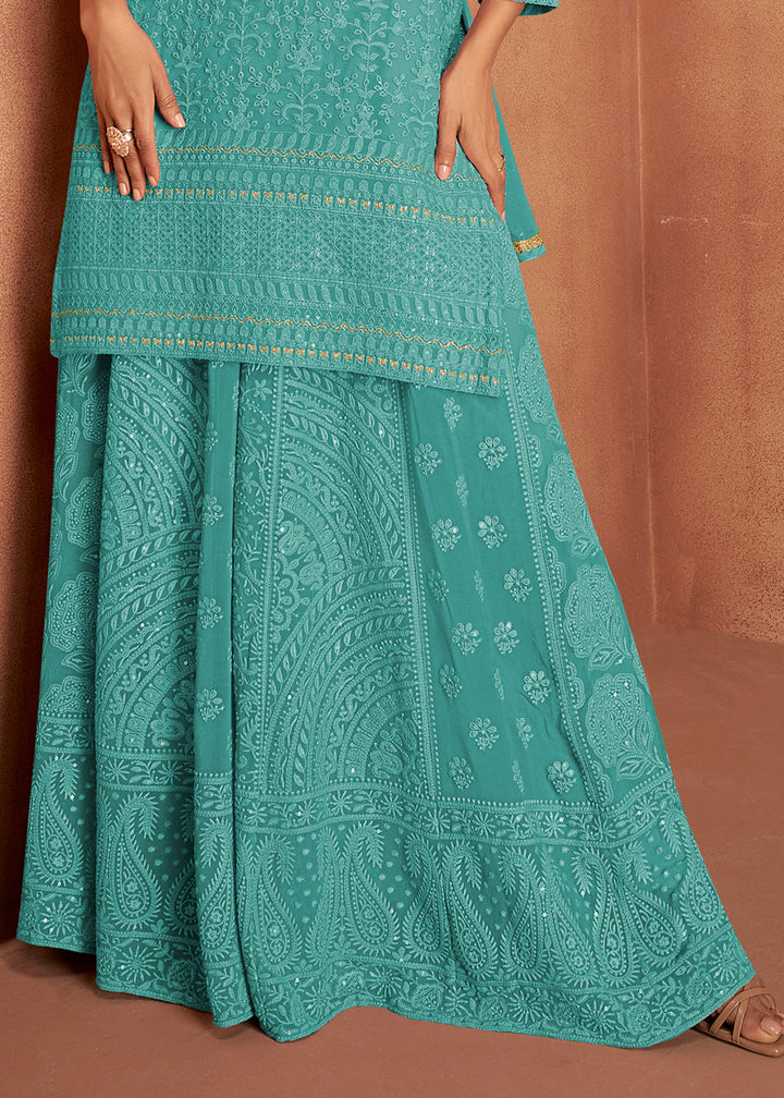 Bondi Blue Thread Embroidery Georgette Plazzo Suit