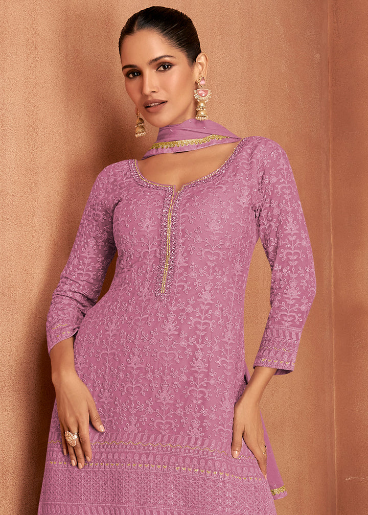 Eminence Purple Thread Embroidery Georgette Plazzo Suit