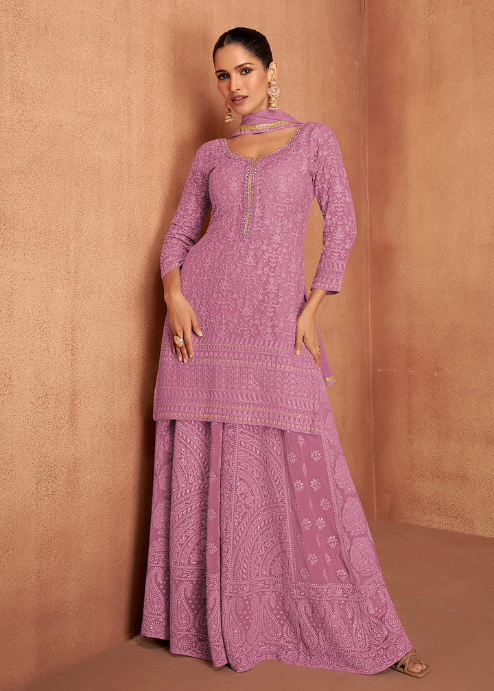 Eminence Purple Thread Embroidery Georgette Plazzo Suit