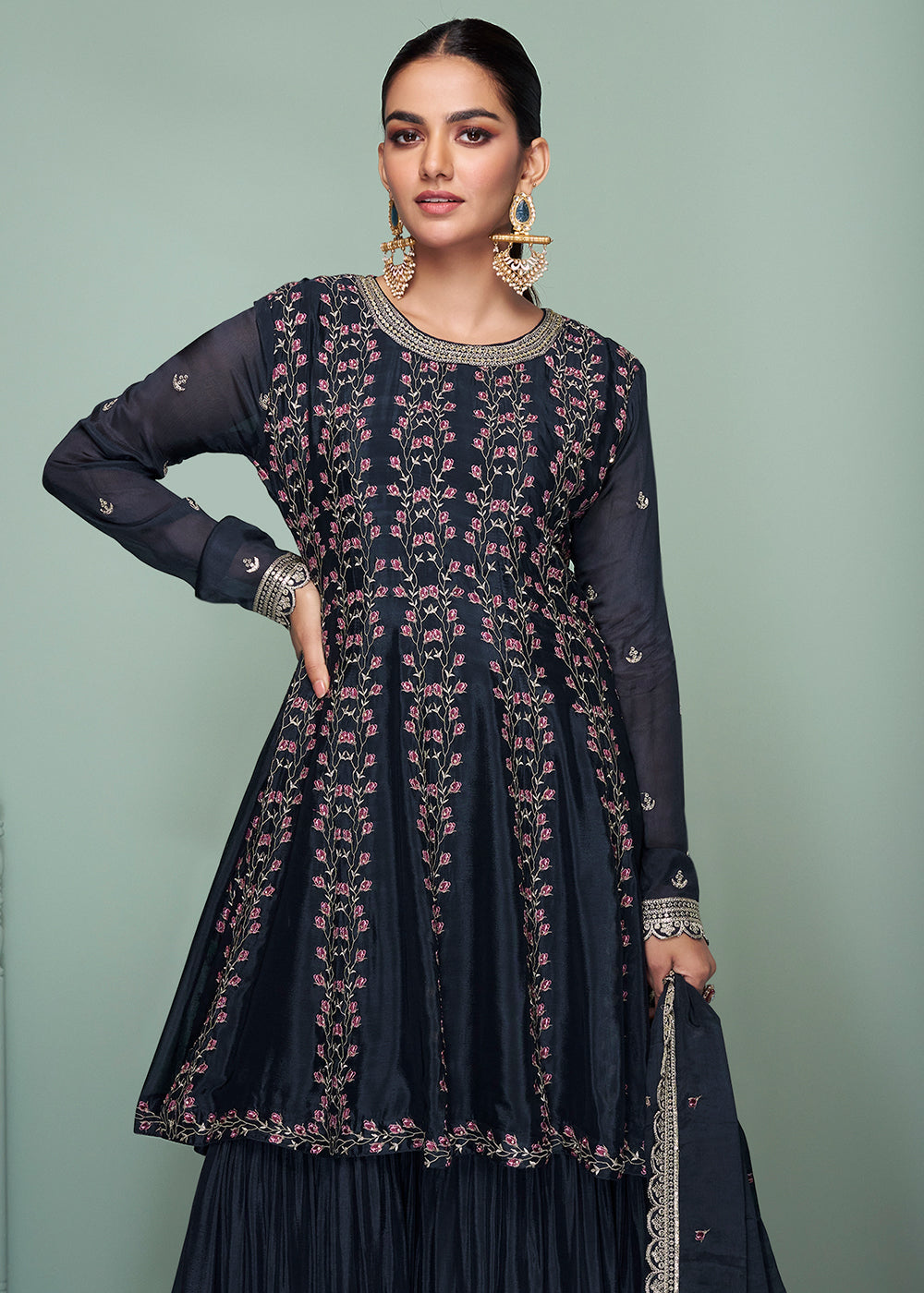 Blackish Blue Embroidered Plazzo Suit