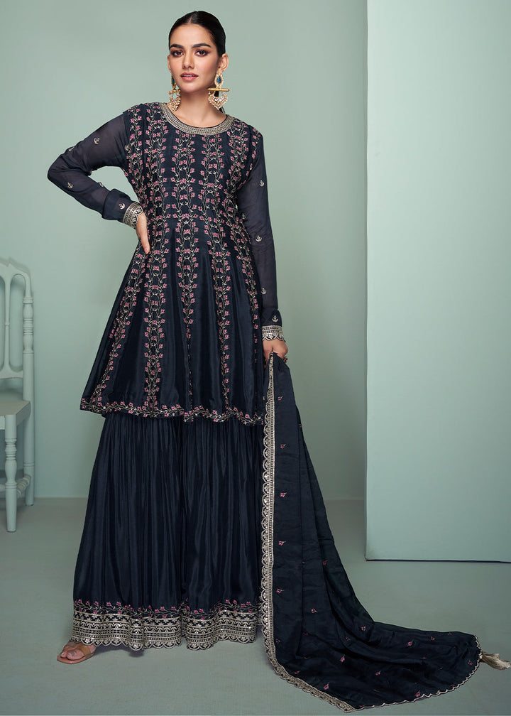 Blackish Blue Embroidered Plazzo Suit