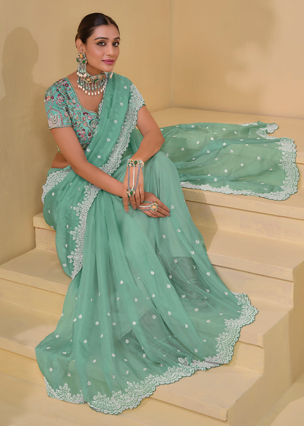 Sea Green Banarasi Tuscany Saree with Elegant Moti & Sequins Work