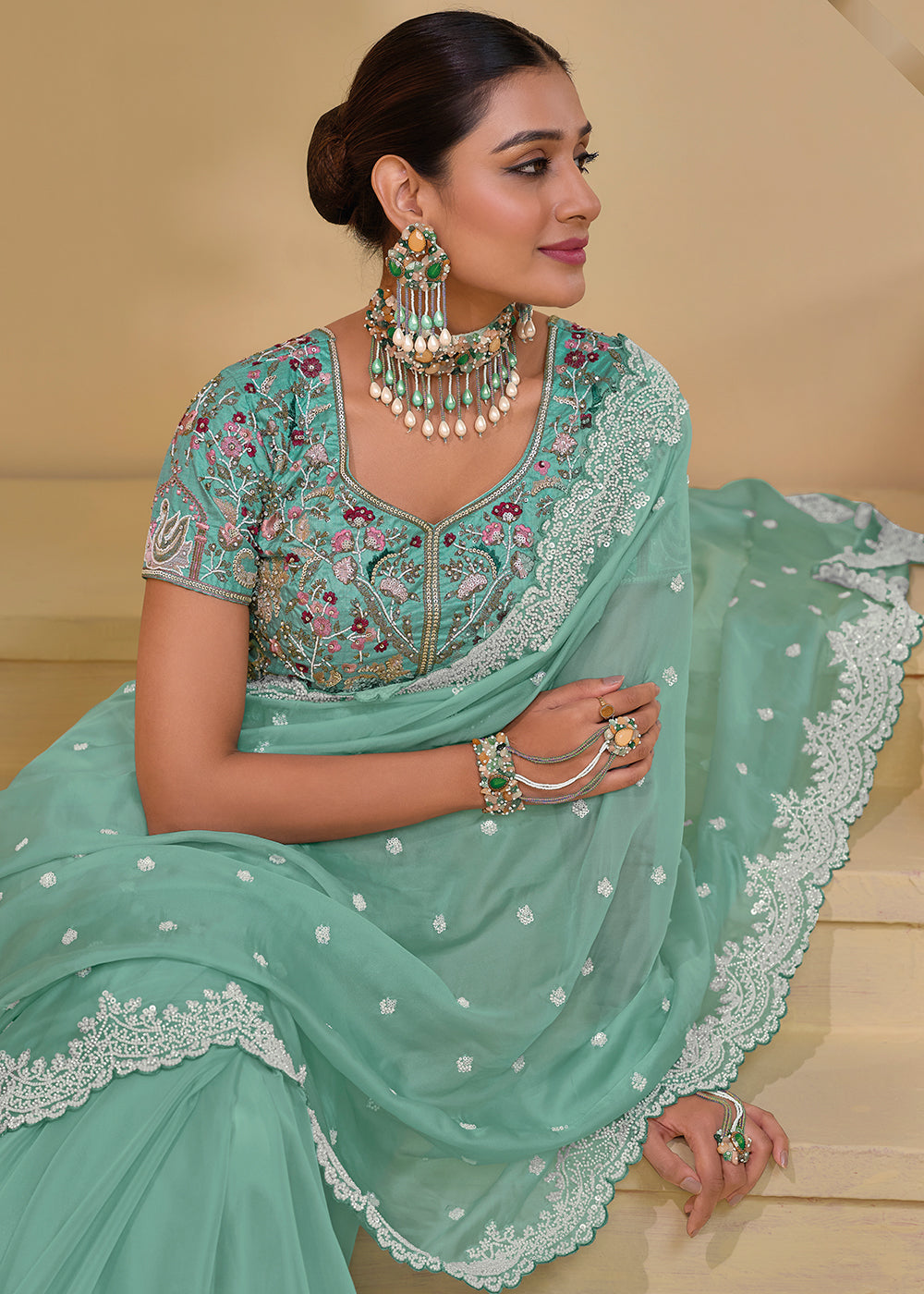 Sea Green Banarasi Tuscany Saree with Elegant Moti & Sequins Work