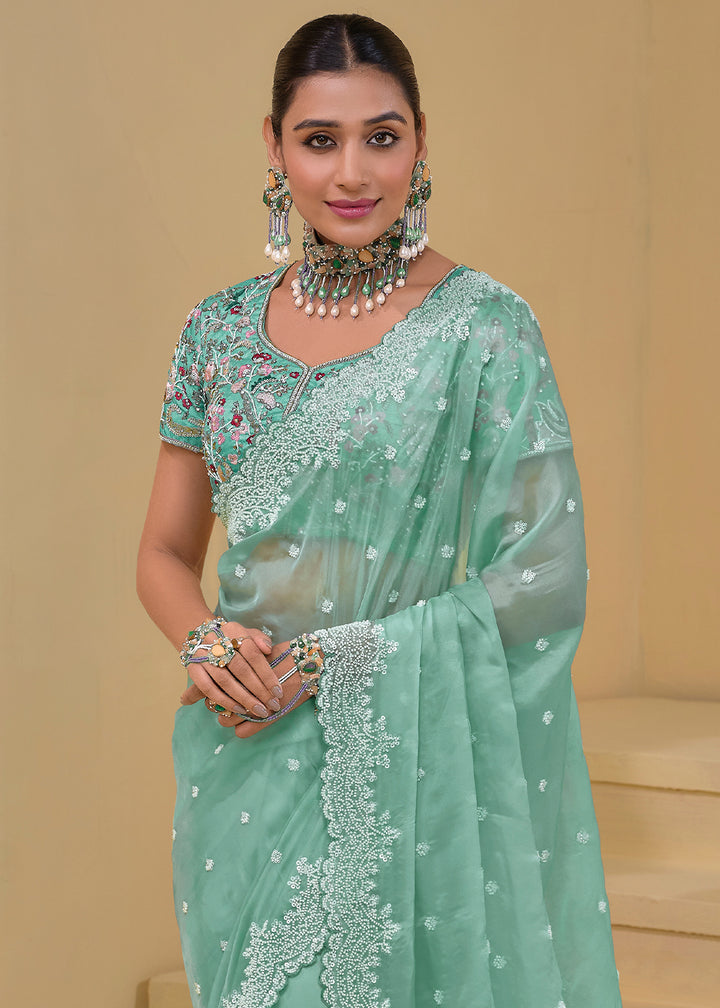 Sea Green Banarasi Tuscany Saree with Elegant Moti & Sequins Work