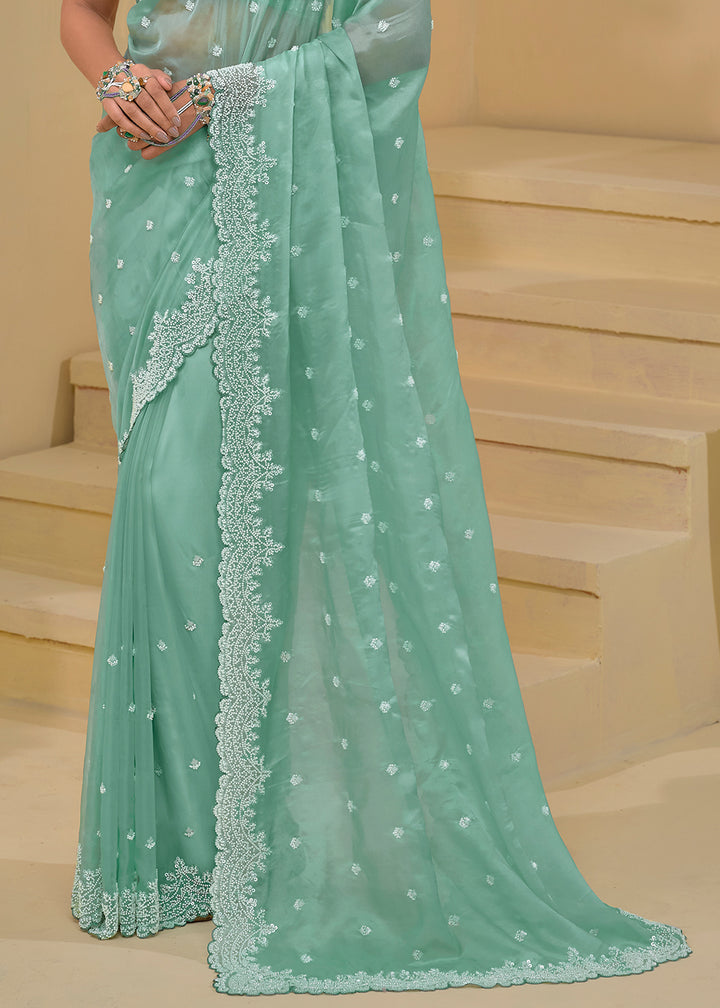 Sea Green Banarasi Tuscany Saree with Elegant Moti & Sequins Work