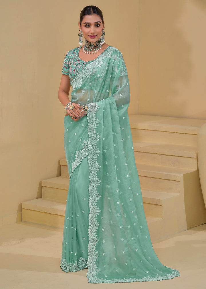 Sea Green Banarasi Tuscany Saree with Elegant Moti & Sequins Work