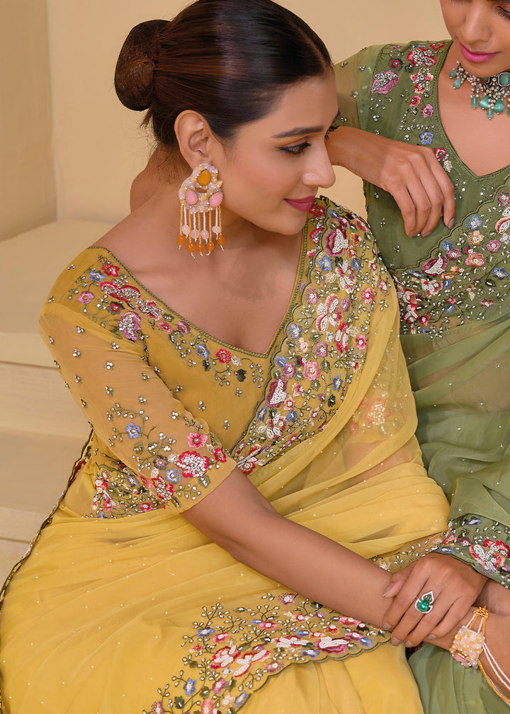 Titanium Yellow Tuscany Banarasi Saree with Intricate Zarkan & Moti Accents