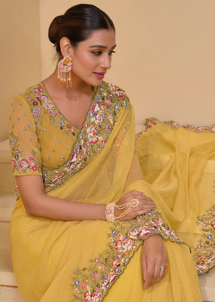 Titanium Yellow Tuscany Banarasi Saree with Intricate Zarkan & Moti Accents