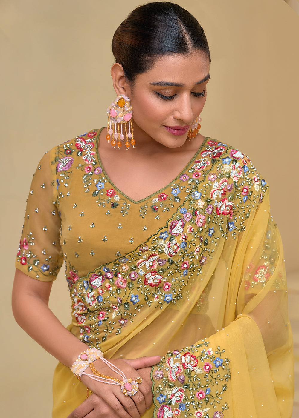 Titanium Yellow Tuscany Banarasi Saree with Intricate Zarkan & Moti Accents