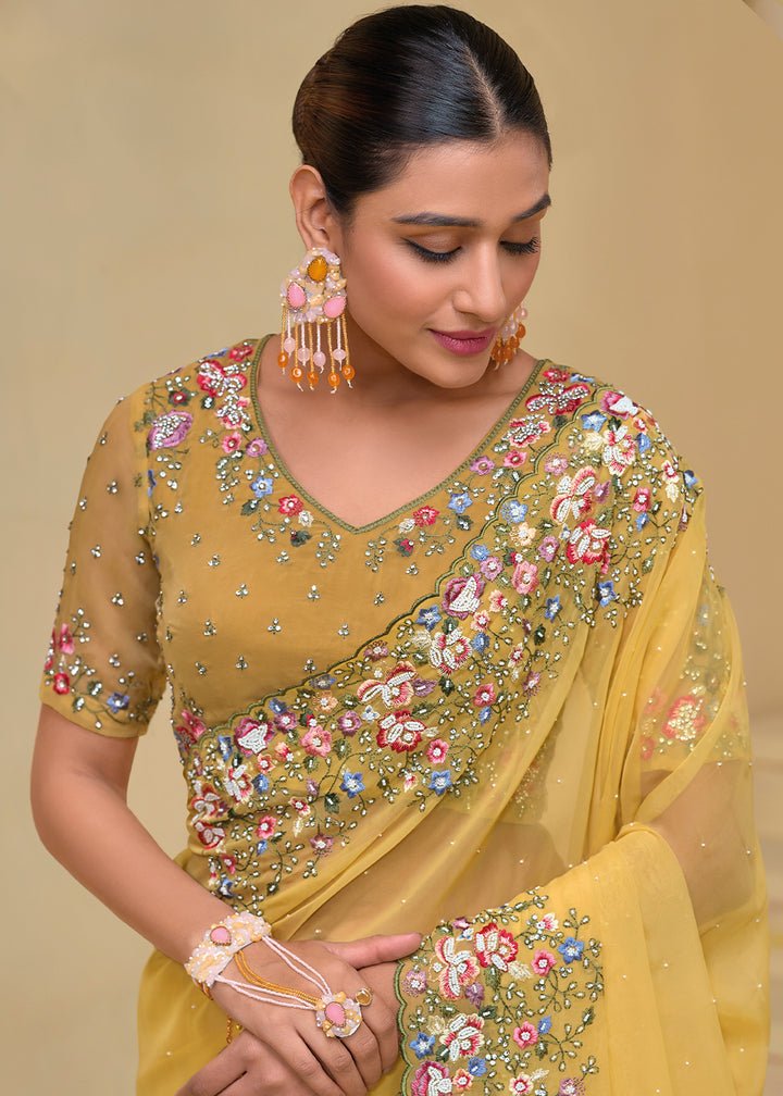 Titanium Yellow Tuscany Banarasi Saree with Intricate Zarkan & Moti Accents