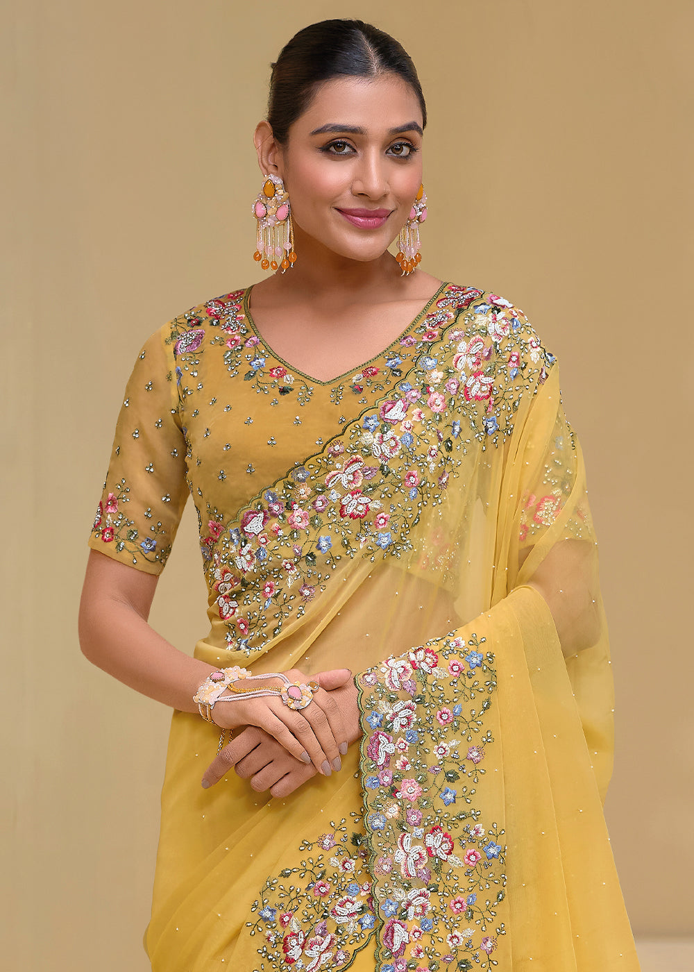 Titanium Yellow Tuscany Banarasi Saree with Intricate Zarkan & Moti Accents