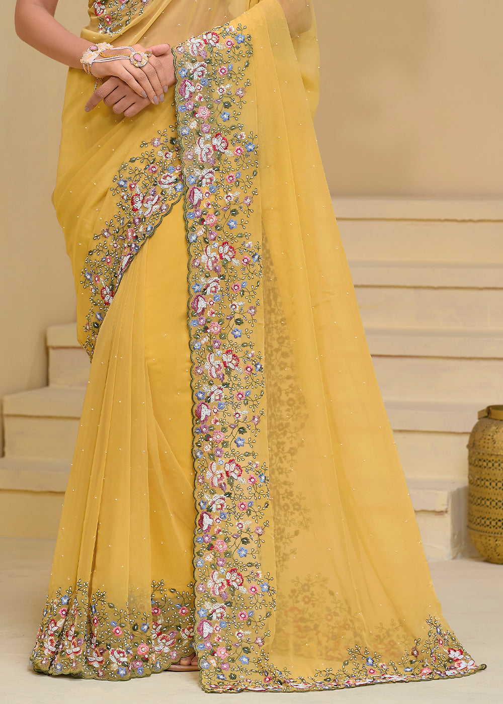 Titanium Yellow Tuscany Banarasi Saree with Intricate Zarkan & Moti Accents