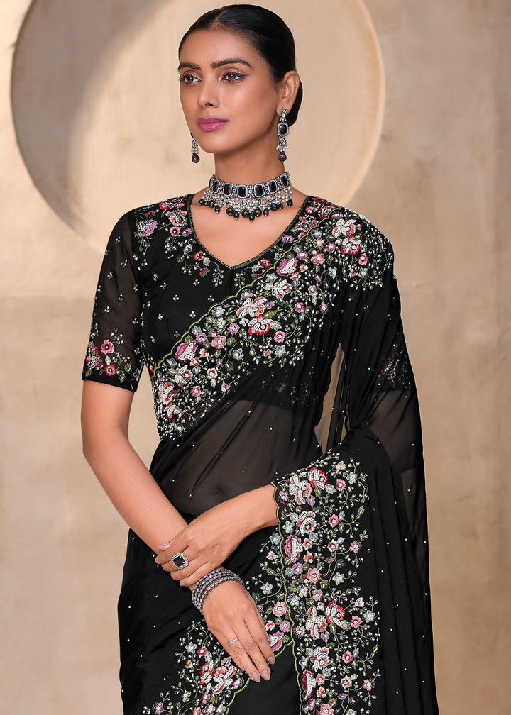 Pebble Black Tuscany Banarasi Saree with Intricate Zarkan & Moti Accents