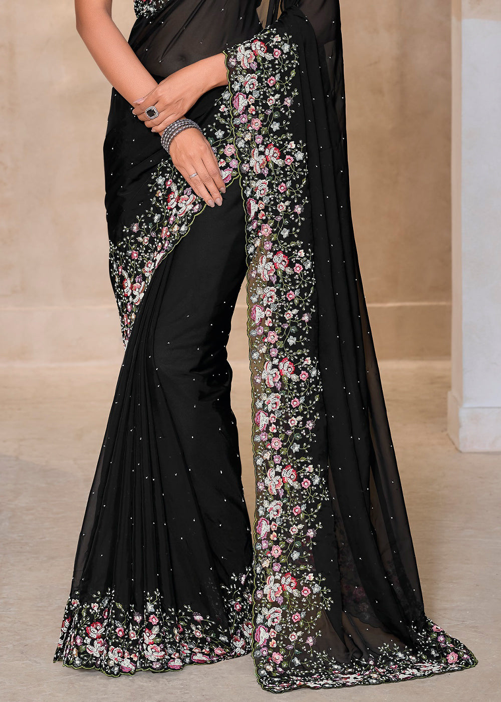 Pebble Black Tuscany Banarasi Saree with Intricate Zarkan & Moti Accents