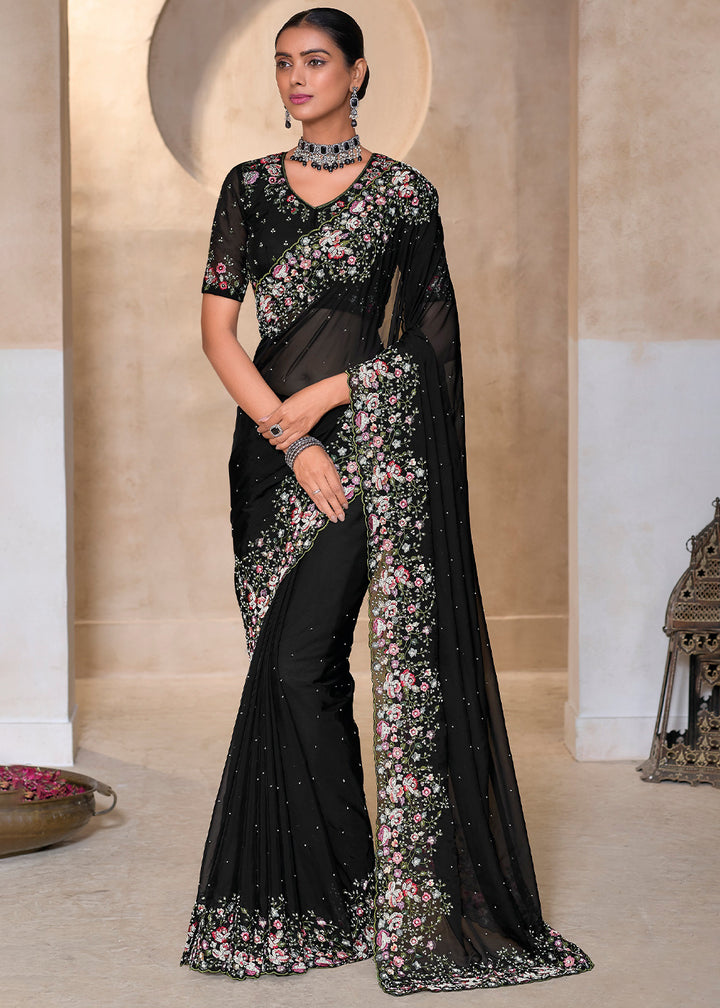 Pebble Black Tuscany Banarasi Saree with Intricate Zarkan & Moti Accents