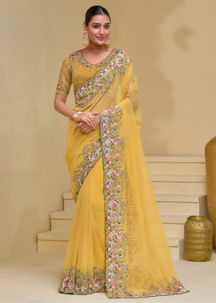 Titanium Yellow Tuscany Banarasi Saree with Intricate Zarkan & Moti Accents