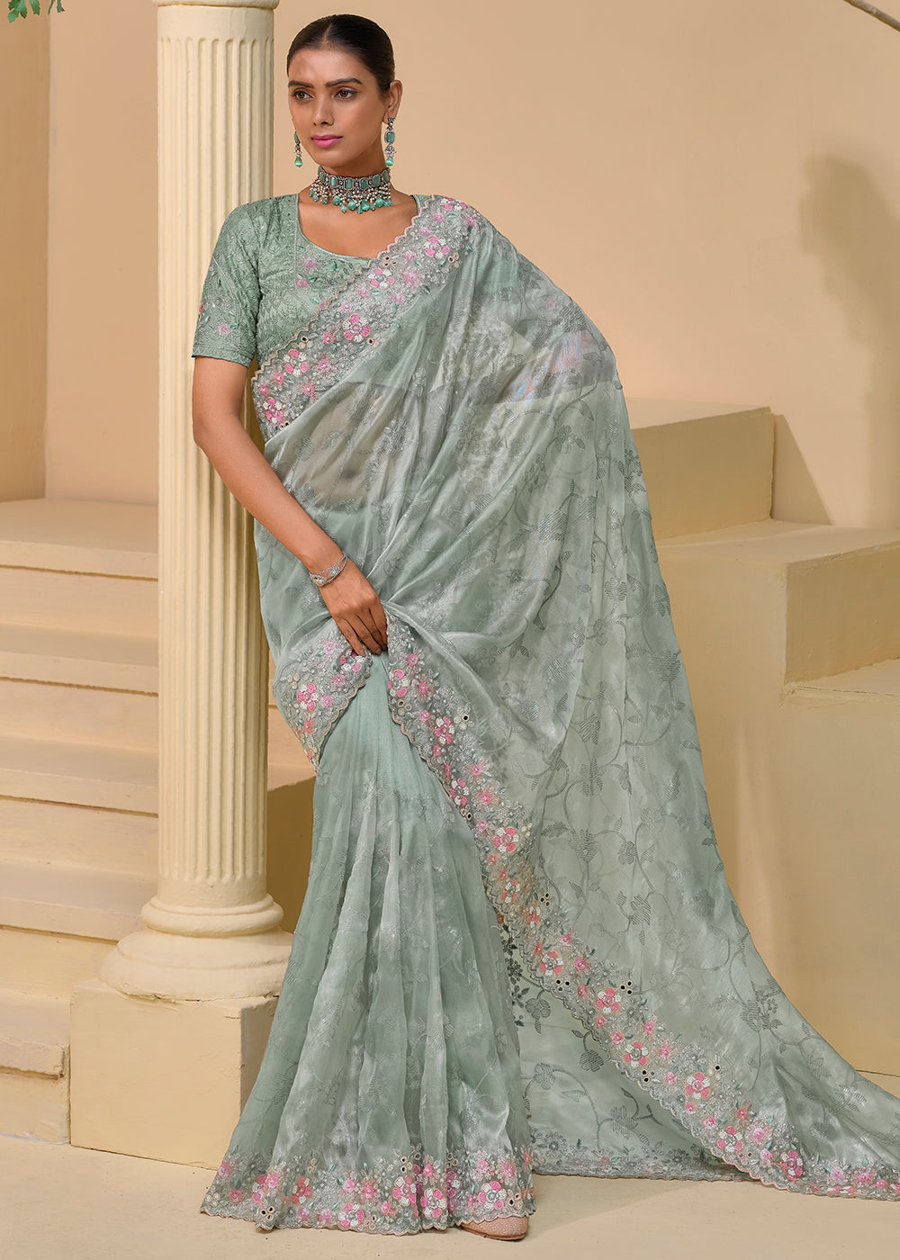 Pista Green Banarasi Tuscany Saree with Elegant Moti & Sequins Work