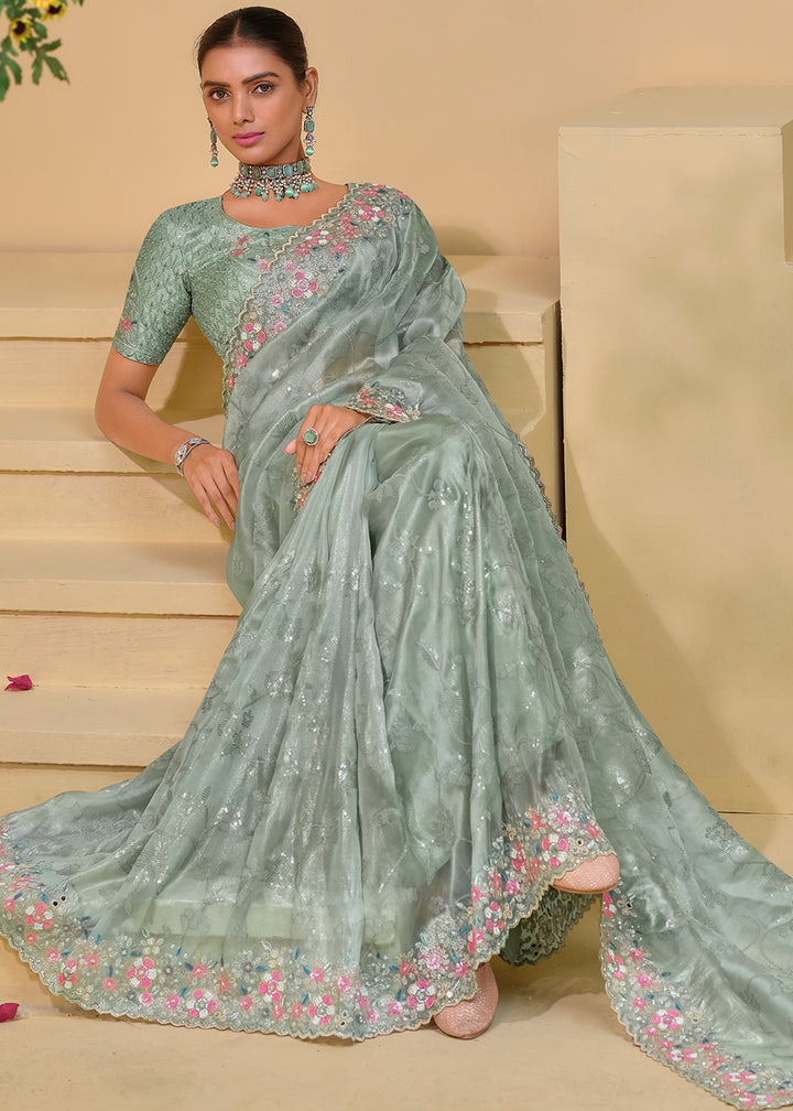 Pista Green Banarasi Tuscany Saree with Elegant Moti & Sequins Work