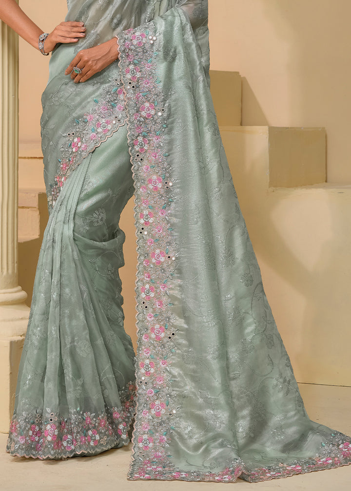 Pista Green Banarasi Tuscany Saree with Elegant Moti & Sequins Work