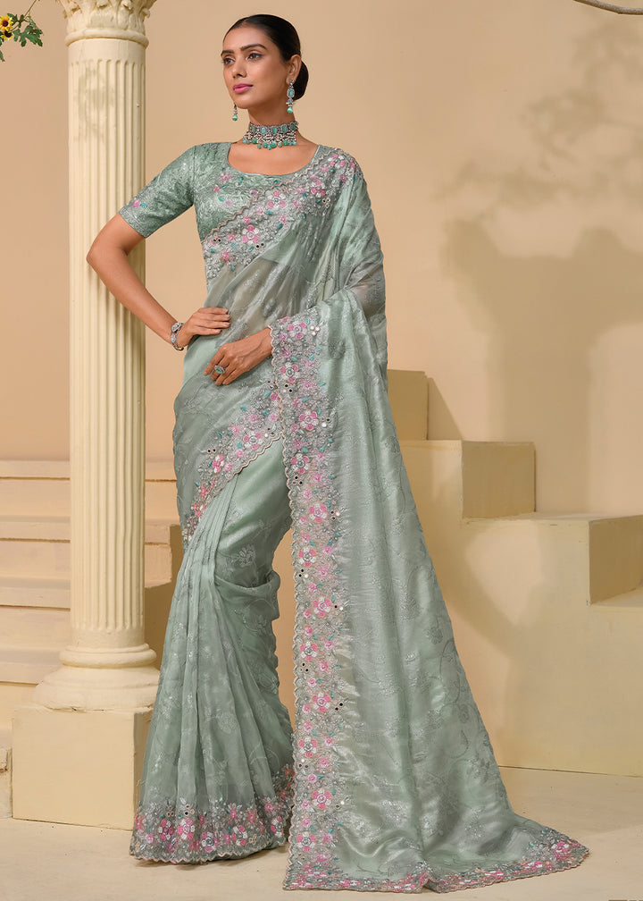 Pista Green Banarasi Tuscany Saree with Elegant Moti & Sequins Work