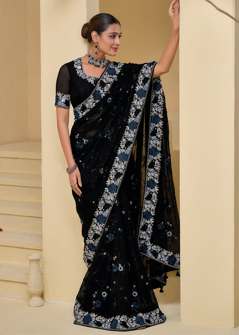 Jade Black Moti, Sequins & Thread Embellished Banarasi Tuscany Saree