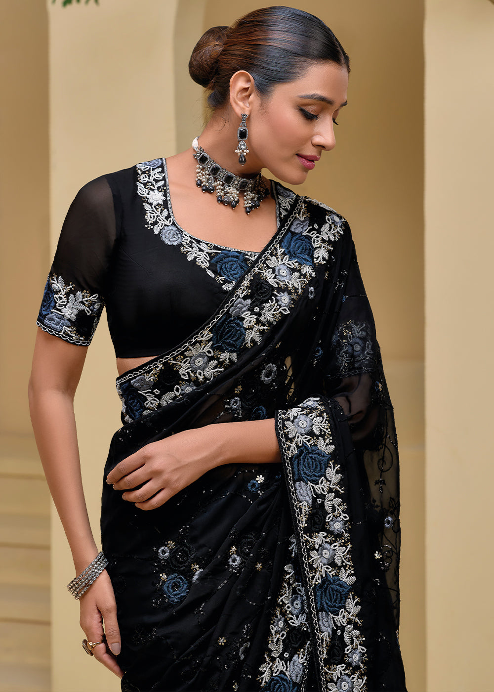 Jade Black Moti, Sequins & Thread Embellished Banarasi Tuscany Saree