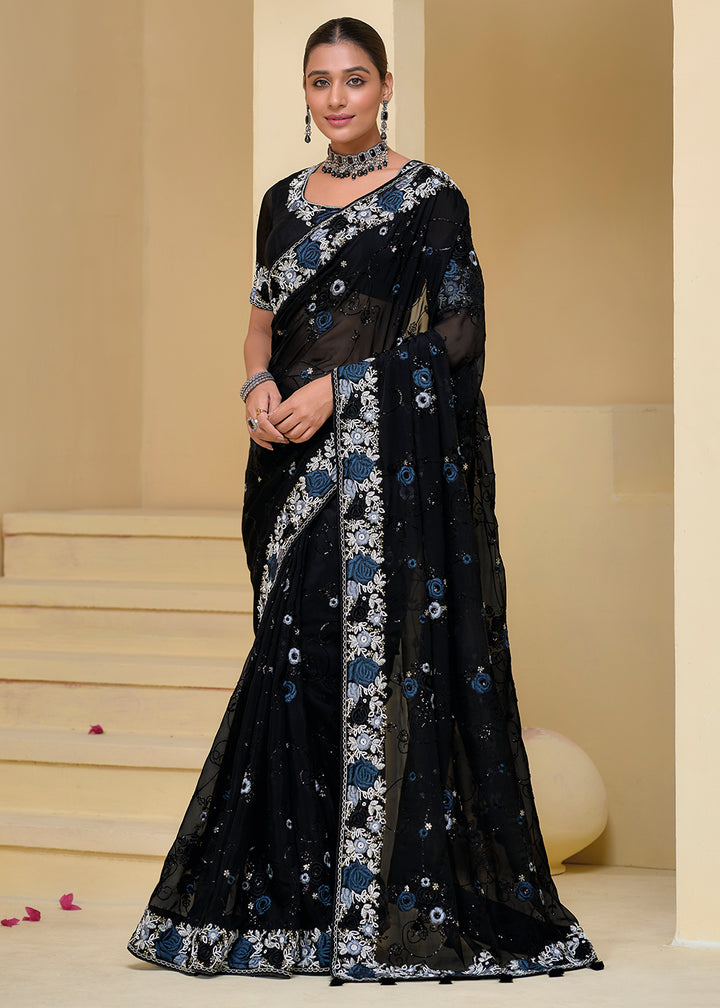 Jade Black Moti, Sequins & Thread Embellished Banarasi Tuscany Saree