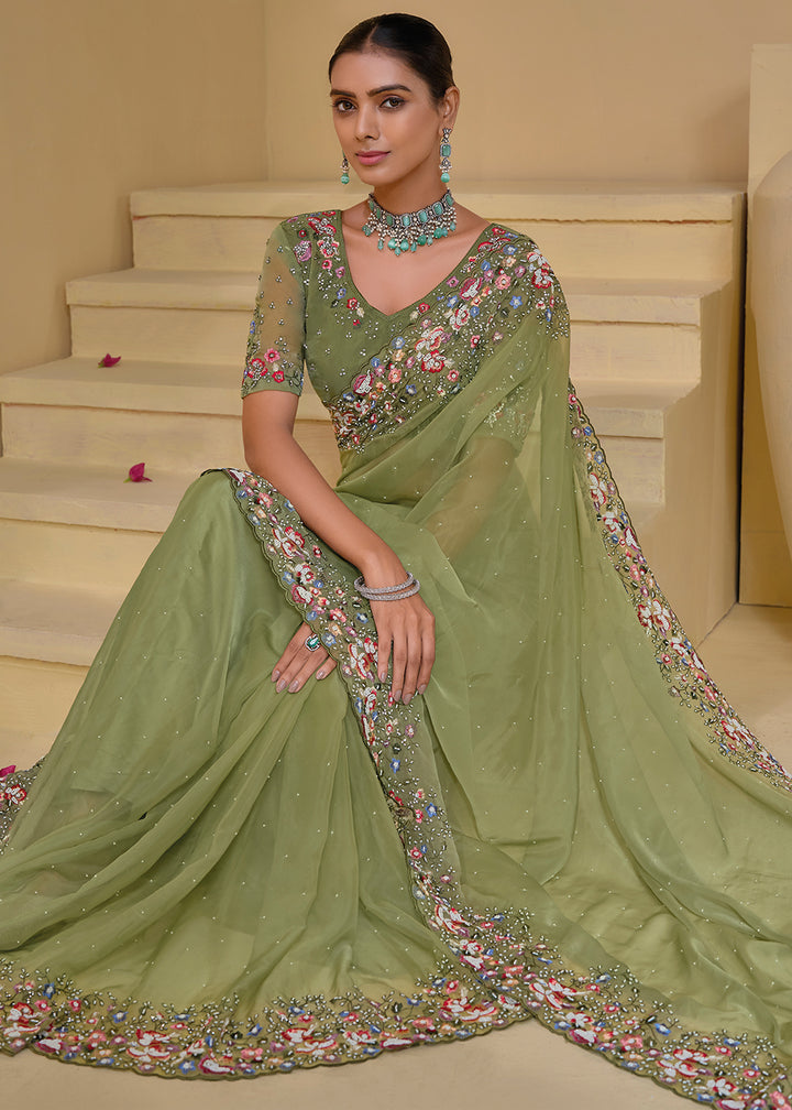 Fern Green Tuscany Banarasi Saree with Intricate Zarkan & Moti Accents