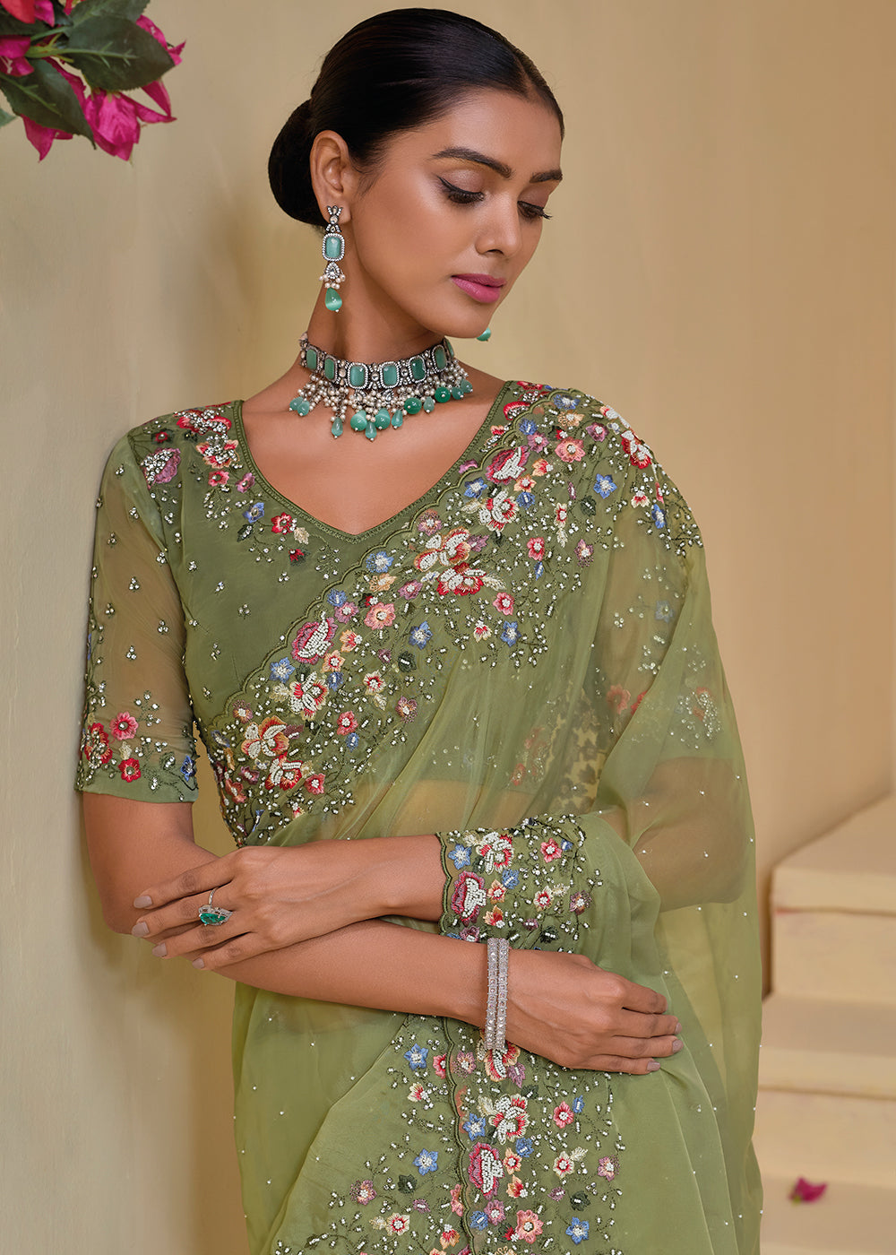 Fern Green Tuscany Banarasi Saree with Intricate Zarkan & Moti Accents