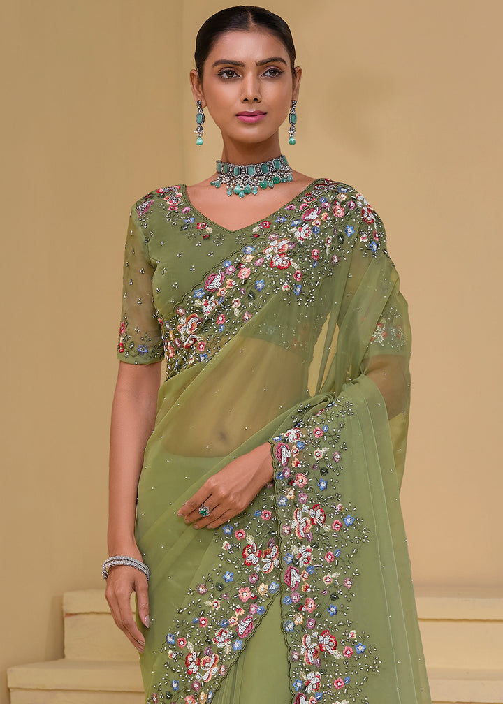 Fern Green Tuscany Banarasi Saree with Intricate Zarkan & Moti Accents