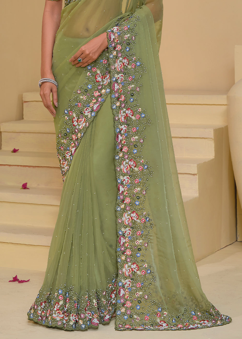 Fern Green Tuscany Banarasi Saree with Intricate Zarkan & Moti Accents