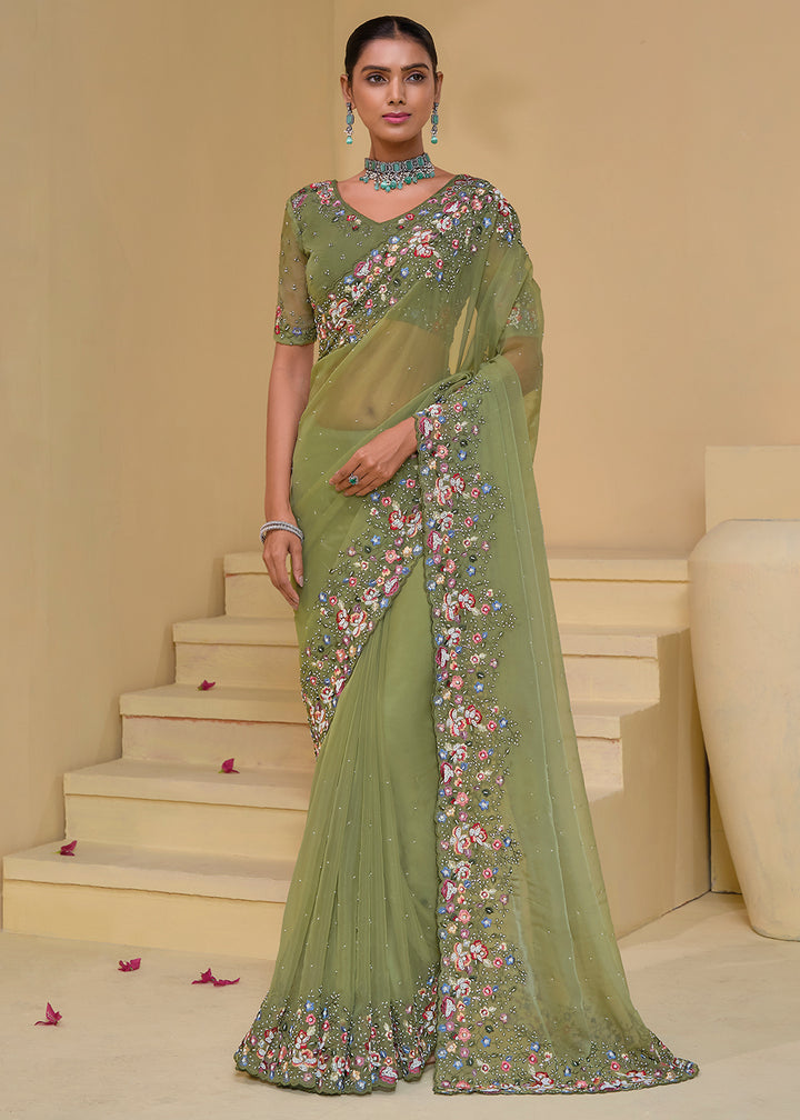 Fern Green Tuscany Banarasi Saree with Intricate Zarkan & Moti Accents