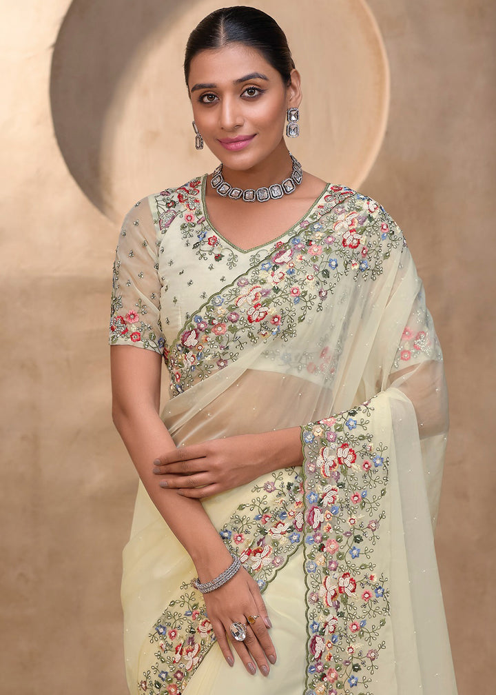 Pearl White Tuscany Banarasi Saree with Intricate Zarkan & Moti Accents